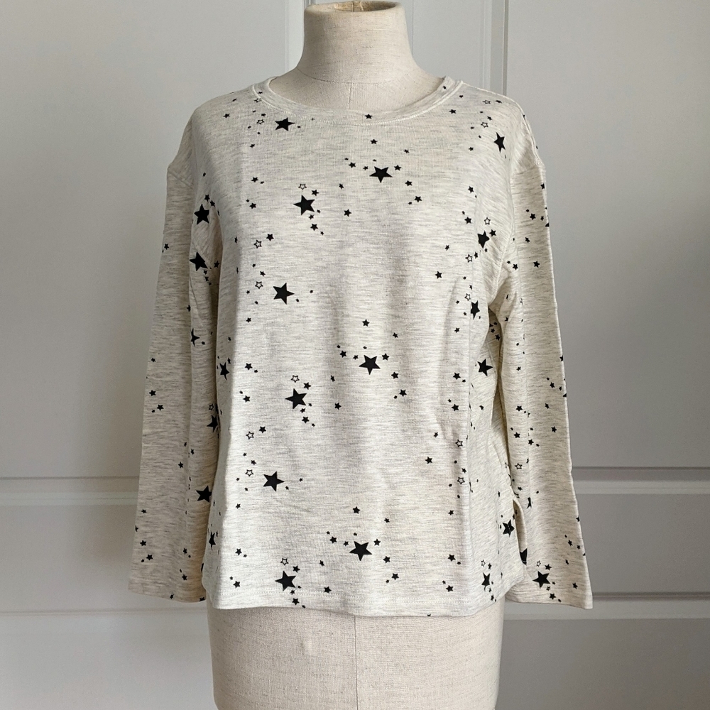 Monrow Pullover Lounge Top Star Print 3/4 Sleeve Round Neck Grey Black L NWT